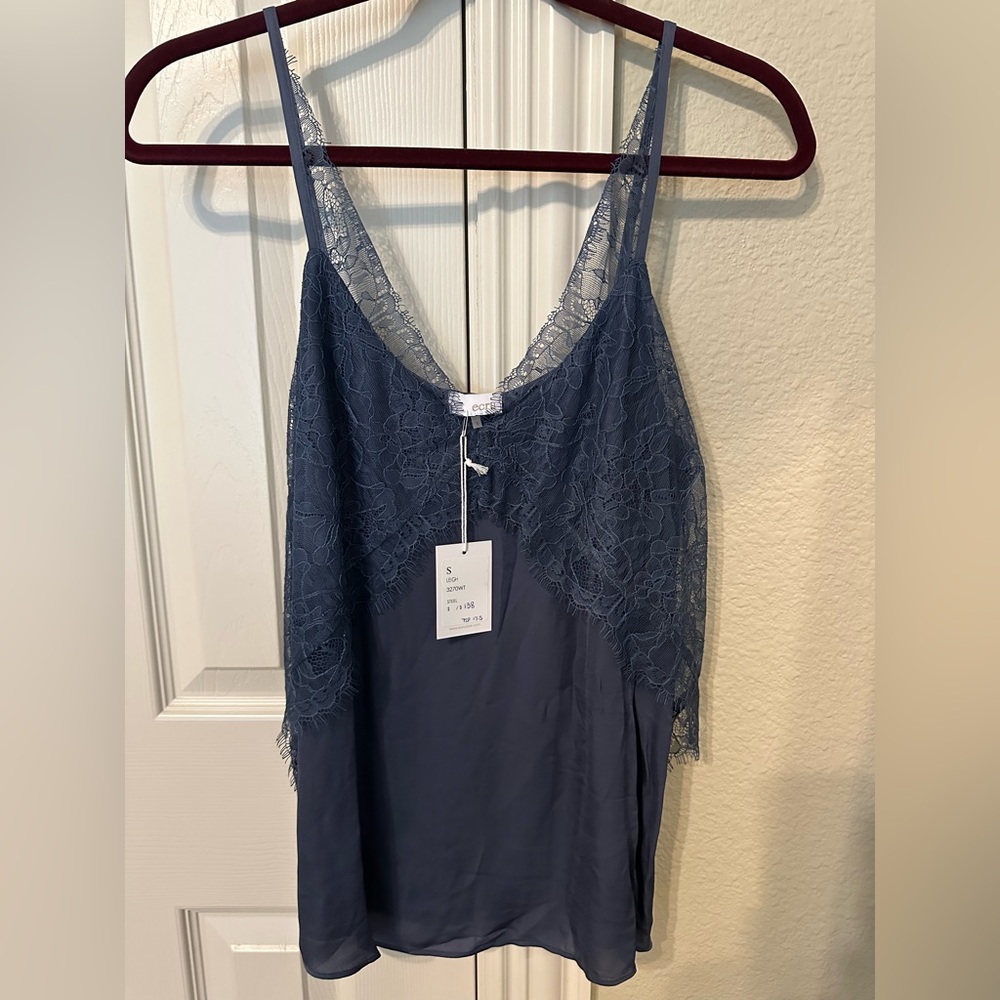 NWT ecru steel blue lace trim camisole size S.